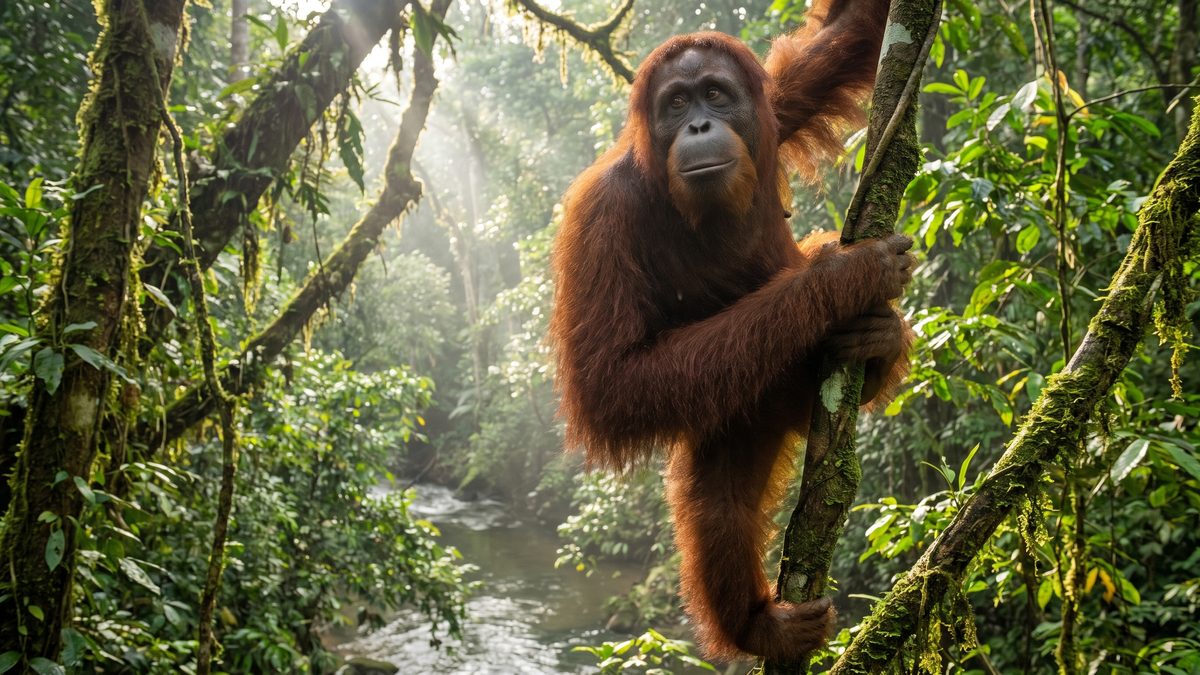 Orangutan Sumatera bergelantungan di pohon hutan Leuser