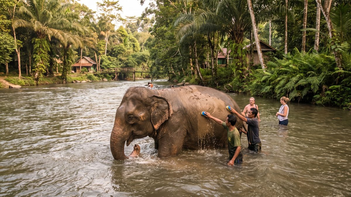 Gajah Sumatera dimandikan di sungai jernih di Tangkahan