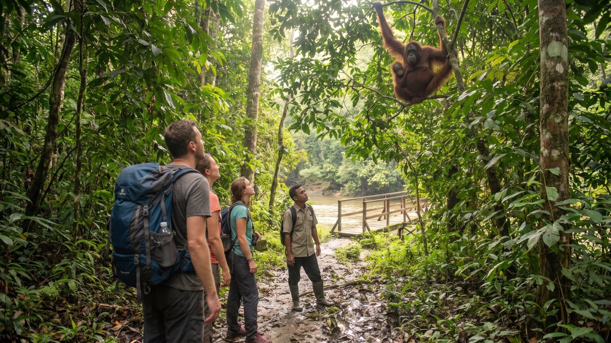 Peserta berjalan di jalur hutan Bukit Lawang dengan orangutan di atas