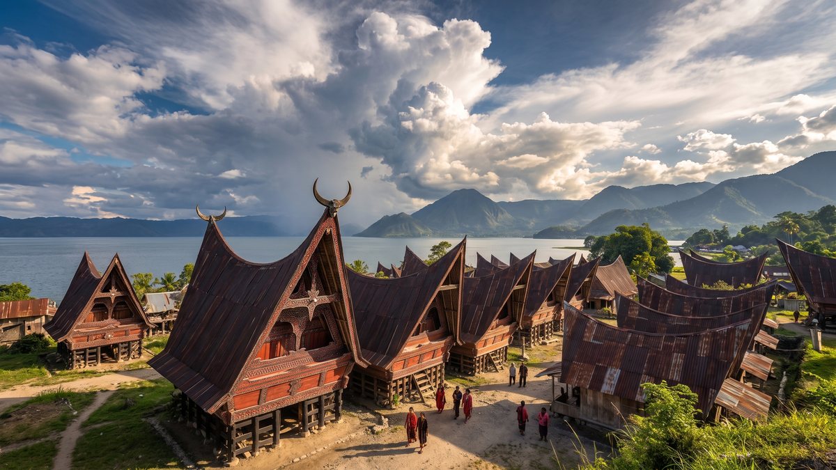 Deretan rumah adat Batak beratap melengkung di tepi Danau Toba